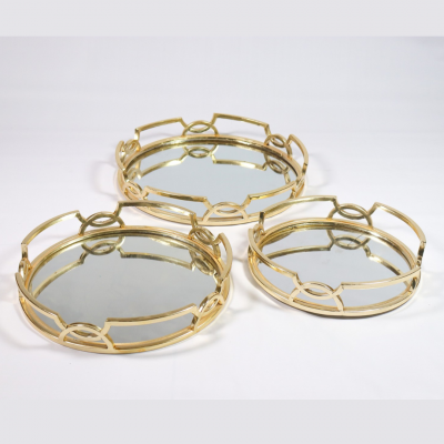 Round Champagne Gold Mirror Tray Set